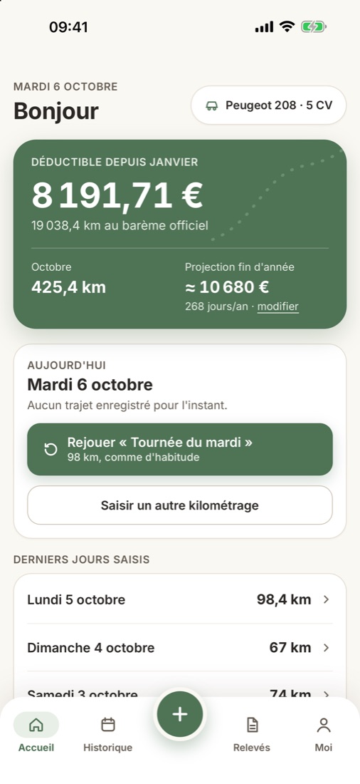 Accueil de Kilometrik : 8 191,71 € déductibles depuis janvier, 19 038 km au barème officiel